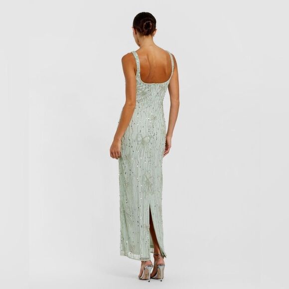 MAC DUGGAL 94129 Green Beaded Mesh Scoop Neck Fitted Gown With Bows - Picture 4 of 13